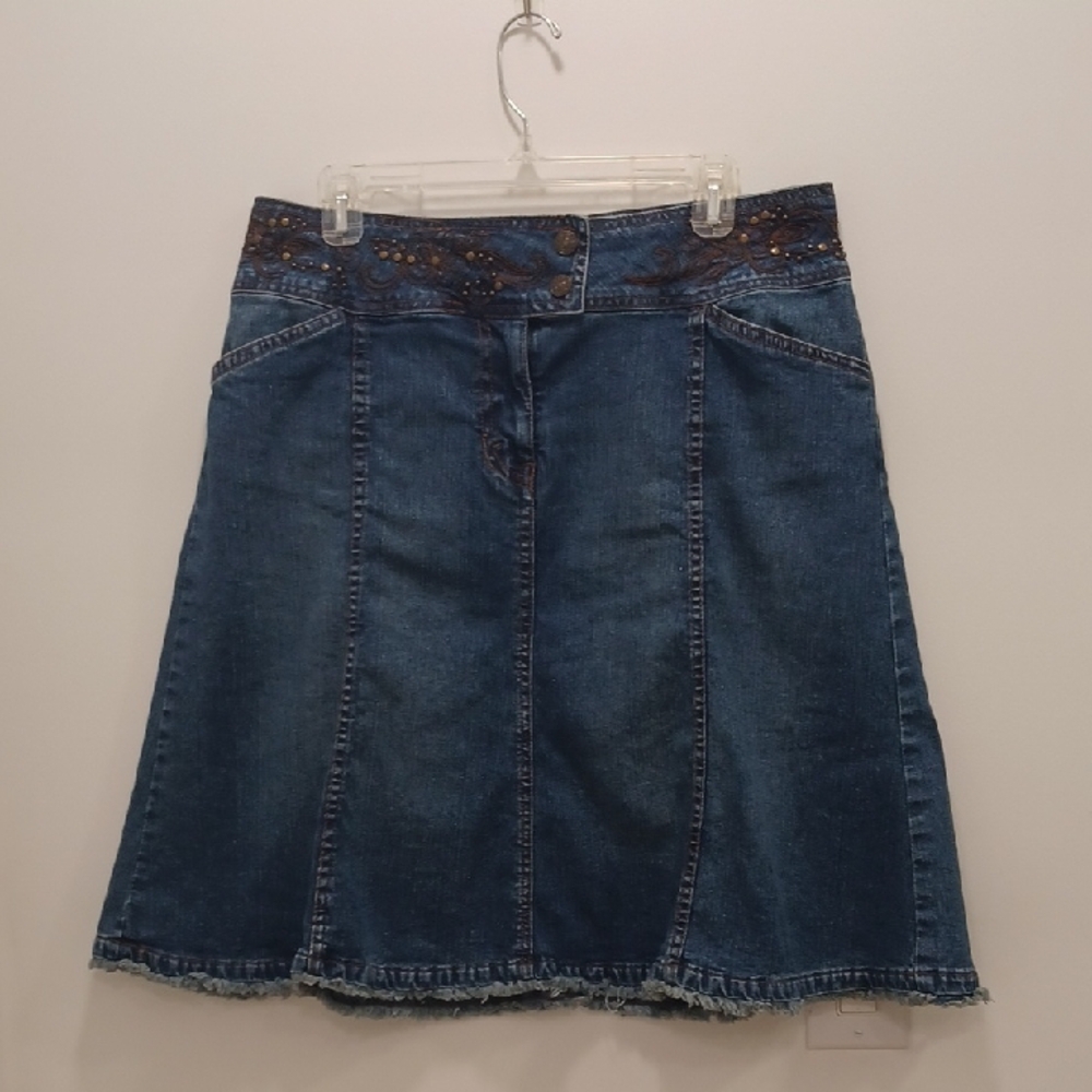 Denim Skirt with Embroidered Waistband